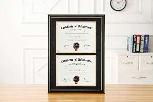 Image of ELSKER&HOME Wood Picture Frame, 16.73x22.64in, Double Mat Black Mat with Golden Rim, Document Frame for 2 8.5x11in Certificates, Diploma, Wall Mount