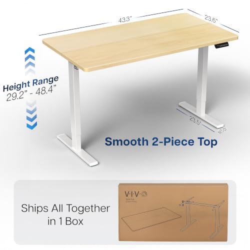 Image of VIVO Light Wood 43 x 24 in Standing Desk, DESK-1W4C | Electric, Holds 220 lbs, Sit Stand Up, Height Adjustable, Home Office, Memory Presets, 1B Series, White Frame
