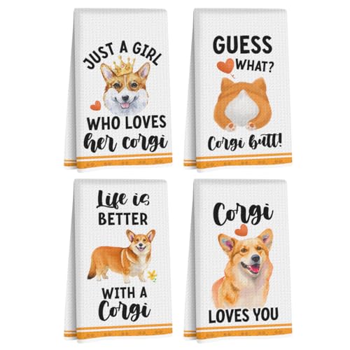 Image of 4 Pcs Funny Corgi Kitchen Towels 24x14 Inch, Corgis Decorative Waffle Weave Dish Towels, Dog Hand Tea Towels for kitchen Home Farmhouse Bathroom Decor, Corgi Gifts for Women Mom Friend Grandma