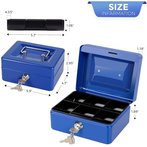 Image of Small Cash Box with Money Tray and Lock, Metal Cash Lock Box with Key, Petty Cash Box for Money 5.9 x 4.7 x 3.1 Inches Blue