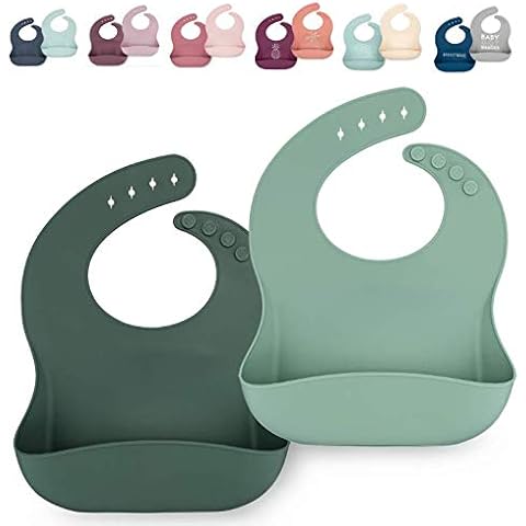 AVA + OLIVER Waterproof Silicone Bib Set with Adjustable Neck - Durable Silicone Bibs for Babies and Toddlers - Deep Food Catcher Pocket Bib for Mess-free Mealtimes - Set of 2 (Forest) Cover