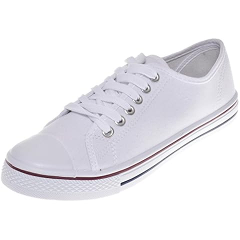 New Ladies Plimsolls Trainers Pumps Womens Lace up Canvas Shoes UK Size 3 to 8 (UK 4 / EU 37, White) Cover