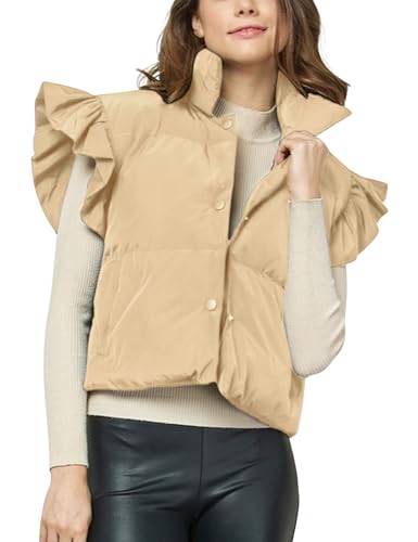 Himosyber Womens Cropped Puffer Vest Ruffle Sleeve Button Down Jacket Stand Collar Winter Warm Padded Gilet with Pockets
