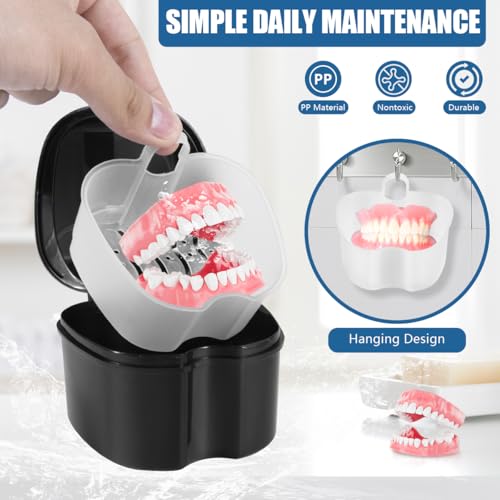 Image of KISEER 2 Pack Colors Denture Bath Case Cup Box Holder Storage Soak Container with Strainer Basket for Travel Cleaning (Blue and Black)