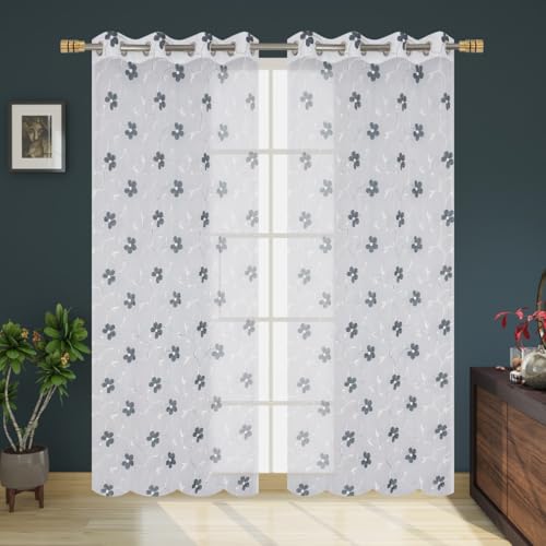 Image of Embroidered Floral Sheer Net Curtain for Window - 5x4 Feet - Transparent Grey Net Curtain - Pack of 1 - Elegant Lightweight Decor for Living Room & Bedroom