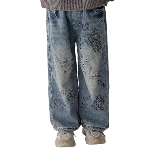 Girls Cute Wide Leg Jeans Kids Oversized Elastic Waist Denim Pants with Pockets Y2K Skater Streetwear 3-14 Years