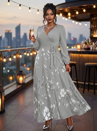 Image of PinkPatty Women's Long Sleeve Maxi Dress Plus Size Trendy Wedding Guest Wrap Dress with Pockets&Belt