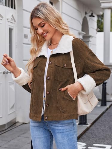 ZAFUL 2024 Womens Sherpa Fleece Jacket Button Down Corduroy Shacket Casual Winter Warm Coat With Pockets4