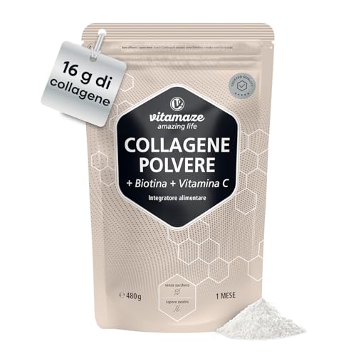 Vitamaze, Collagene Idrolizzato in Polvere 15905 mg, Biotina, Vitamina C. Peptidi di Collagene da Bere ad Alto Dosaggio. Articolazioni, Pelle, Capelli e Unghie. Gusto Neutro 480 g, Senza Zucchero