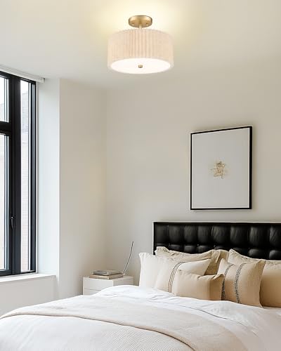 Image of Gold Semi Flush Mount Ceiling Lights, 3-Light 12.5 inch Light Fixtures Ceiling Mount with Pleated Linen Fabric Shade, Drum Lighting Fixture for Hallway Nursery Bedroom Kitchen, AD-25036-3SF-GD-B
