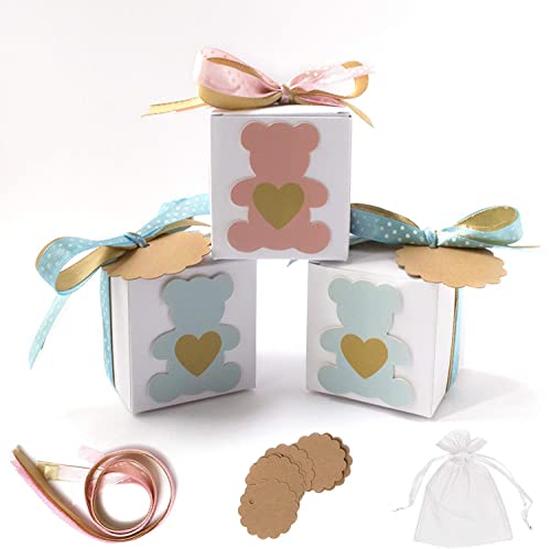 Stella Design Bonbonnières à dragées pour baptêmes/anniversaires, 48 étiquettes et sachets ourson garçon ou fille, boîtes à dragées (Rose)