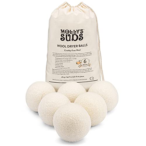 Molly’s Suds Wool Dryer Balls | XL, Premium Organic Fabric Softener, Hypoallergenic, Hand-Felted, Reusable, Reduce Drying Time | White, Set of 6