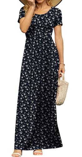 Image of DB MOON Womens 2026 Summer Maxi Dresses Casual Short Sleeve Empire Waist Spring Long Dress with Pockets