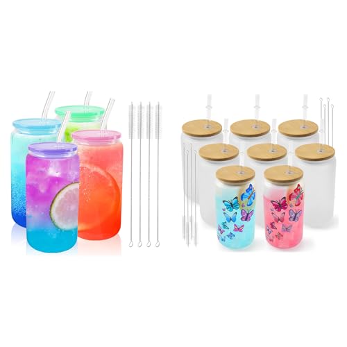 Joyclub Bundle of 4pcs Glass Cups with Acrylic Lids and Straws 16 oz and 8 Pack Sublimation Glass Cups Blanks with Bamboo Lid 16 OZ