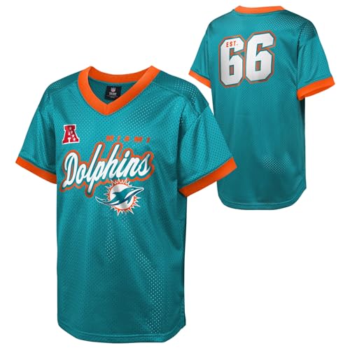 NFL Kids Youth Boys 8-20 Officially Licensed Division Established Team Color Mesh V-Neck Wordmark Primary Logo Jersey - Miami Dolphins - Aqua - Large 14/16