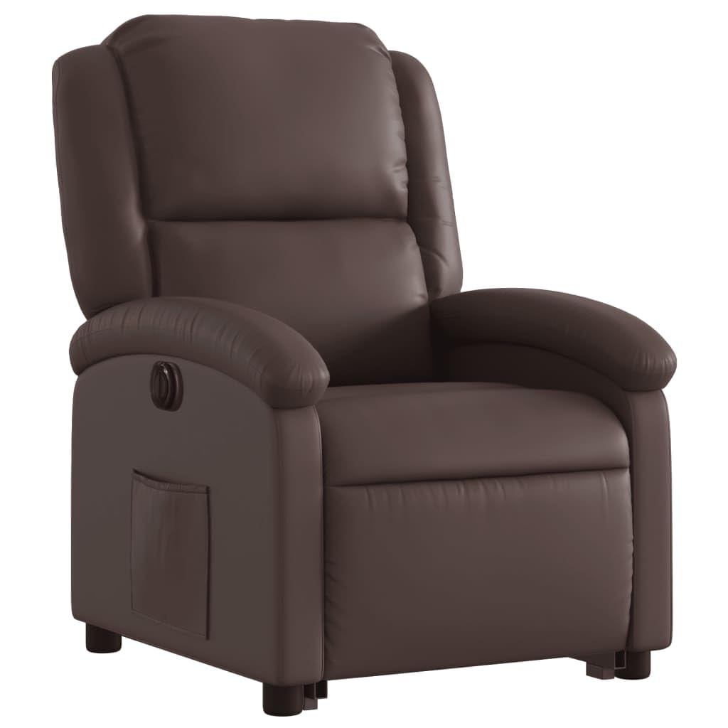 Sillón elevador eléctrico reclinable marrón de piel sintética con función de elevación e inclinación para personas mayores y asiento cómodo