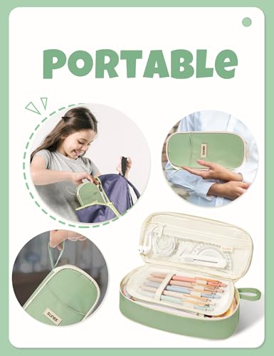 Image of SUNEE Cute Pencil Case, Large Pencil Pouch, Aesthetic Big Pencil Bag with Zipper, Kawaii Stationery Storage and Organizer, School Supplies for Boys and Girls Teen, Heavy Duty Oxford Canvas, Sage Green