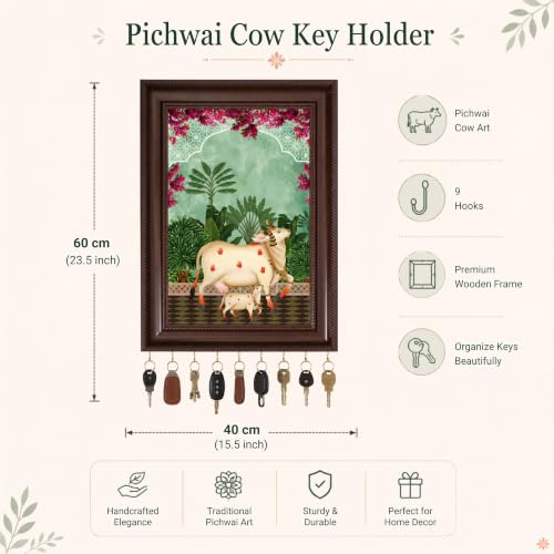 Image of Pichwai Cow Key Holder for Wall | 9 Hooks Decorative Key Rack & Organizer | Traditional Indian Art Wall Decor | Premium Key Hanger | Key Organizer for Home, Entryway & Office