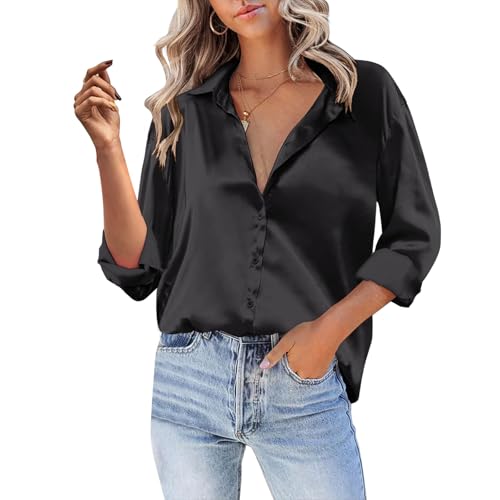 Baxtayel Women Satin Silk Button Down Shirt Casual Long Sleeve V Neck Blouse Loose Dressy Business Work Office Tunic Tops Black