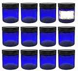 ljdeals 4oz Blue PET Plastic Jars with Lids, Refillable Empty Round Containers, Pack of 12, BPA Free, Made in USA, 12 Labels, Perfect for Kitchen, Cosmetic, Lotion, Personal Care Products and more