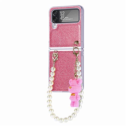 Topfunny Cases For Galaxy Z Flip 4 Glitter Case Cute Pearl Bracelet Lanyard With Cartoon Bear Sparkly Bling Ultra Slim Pu Leather Hard Pc Cover Compatible With Samsung Galaxy Z Flip 4 5G 2022 Pink #TOP4