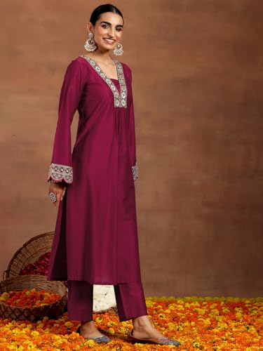 Image of Libas Gerua Womens Yoke Design Silk Blend Straight Kurta With Trousers