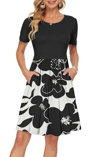 AUSELILY Dresses for Women UK Summer Dress Short Sleeve Wrap Dress Casual with Pockets Knee Length Black Floral Black XXL