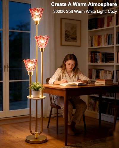 Image of 3-Light Modern Glass Floor Lamp with Shelf, Gold Tall Standing Lamp with Deep Red Flower Glass Shade, LED Floor Lamp with Foot Switch& 5Lbs Heavy Base for Living Room Bedroom, Bulb Included