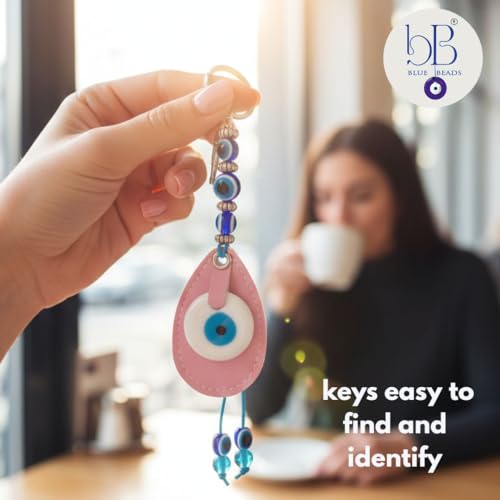 Image of BLUE BEADS Original Blue and White Evil Eye Stone With Pink colour Leather Keychain For Bike /Car Gifting With Key Ring (Pack of 1)