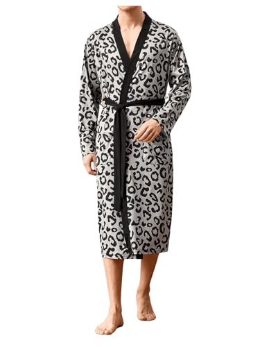 OYOANGLE Men's Leopard Print Long Sleeve Belted Bathrobe Soft Lightweight Kimono Robe Sleepwear