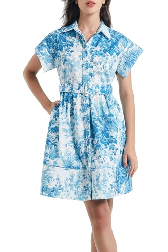 Image of D-Sun Women Button Down Shirt Dress V-Neck Floral Printed Short Sleeve Mini Dress Casual Belted Short Party with Pocket