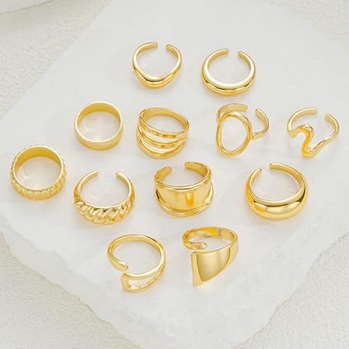 image for 17 MILE 12 PCS Chunky Gold Rings for Women Non Tarnish, 18K Gold Plate