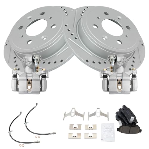 Image of TRQ Performance Rear Brake Pad and Rotor Set Ceramic Slotted Drilled G Coated Rotors Calipers Compatible with 1992-1994 Honda Civic