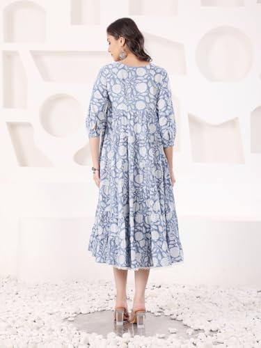 Image of SAVI Blue Cotton Printed Tiered Dress