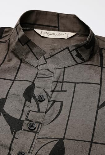 Image of Majestic Man Men's Cotton Regular Fit Casual Mandarin Collar Ethnic Motifs Printed Long Regular Kurta