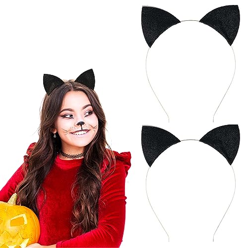 WLLHYF 2 diademas de orejas de gato con purpurina, orejas de gato de Halloween, accesorios para el cabello para mujer, diadema de cosplay, color negro