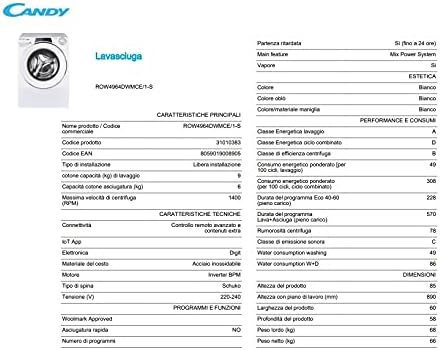 Candy RapidÒ ROW4964DWMCE/1-S Lavasciuga, 9+6 Kg, 1400 Giri, Wi-Fi + BLE, Controllo da Remoto, Partenza Ritardata, Classe A, 60x58x85 cm, Bianco Candy RapidÒ ROW4964DWMCE/1-S Lavasciuga, 9+6 Kg, 1400 Giri, Wi-Fi + BLE, Controllo da Remoto, Partenza Ritardata, Classe A, 60x58x85 cm, Bianco