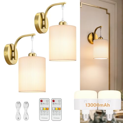 Image of Battery Operated Wall Sconce Set of Two, Pleated Fabric Rechargeable Wireless Wall Sconces with 13000mAh Bulb & Dimmable, Battery Sconces Wall Light Decor Set of 2 for Living Room, Gold