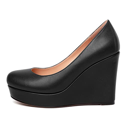 MERRORI Womens Round Toe Night Club Solid Dress Suede Slip On Wedge High Heel Pumps Shoes 4 Inch2