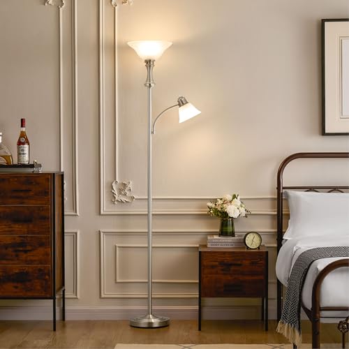 Image of Torchiere Floor Lamp with Adjustable Angle Reading Lamp-Silver 71IN | Standing Lamp for Bedroom with Glass Shade, Tall Floor Lamp for Living Room Decor, Office, Corner, Knob Switch, Bulb Included