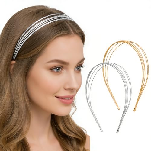 LEOUEANR 2 tiaras de metal multicamada, bandolete fina e elegante, acessórios para o cabelo estilo princesa para festas e ocasiões especiais para mulheres (dourado e prateado)