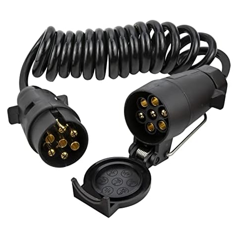 Voilamart 2M 7 Pin Trailer Extension Coiled Cable 7 Way Male & Female Connector Plug Wiring Harness Adaptor Black Cover