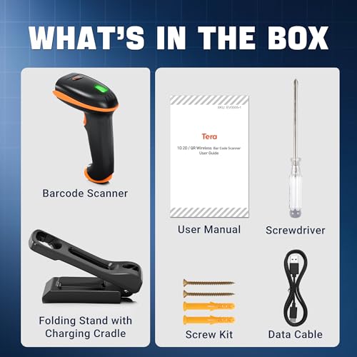 Tera Barcode Scanner wandhalterung 1D 2D QR Kabellos 2,4 GHz Wired USB 2,0 Kabelgebunden Handscanner Barcodelesegerät wandmontage mit Verstellbarem Klappständer, D5100-CR
