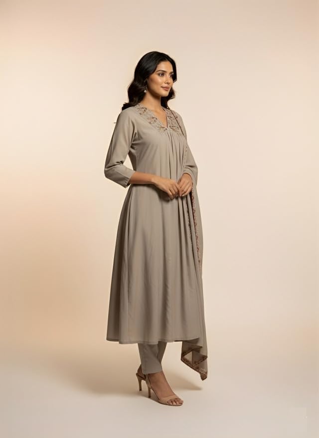 Ensemble Kurta droit brodé en rayonne de qualité supérieure avec Dupatta - 3