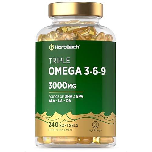 Triple Omega 3 6 9 Capsules 3000mg ALA LA & OA | 240 Softgels | High Strength EPA & DHA Essential Fatty Acids | Supplement with Fish Oil Flaxseed & Sunflower Oil | by Horbaach