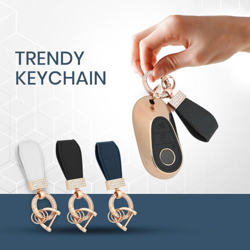 Image of Keyzone Litchi Leather Textured TPU Key Cover & Keychain for S-Class, G-Class, E-Class 2022 Onwards, 3 Button Smart Key (Blue)