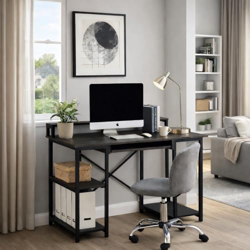 Image of INNOWIN The Woods Computer Table with Keyboard Tray for Home Office, Office Desk with Storage, Engineered Wood Finish Study Writing Computer Laptop Table Desk (Black)