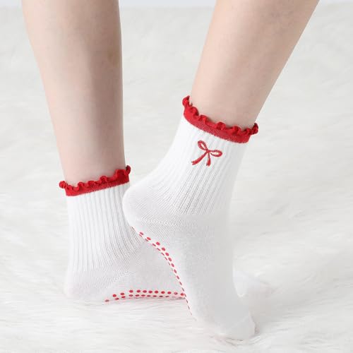 Image of Jeyiour Summer Cute Pilates Socks Women Bow Nonslip Ruffle Yoga Socks with Grip Barre Pilates Gift for Work Dance Fitness