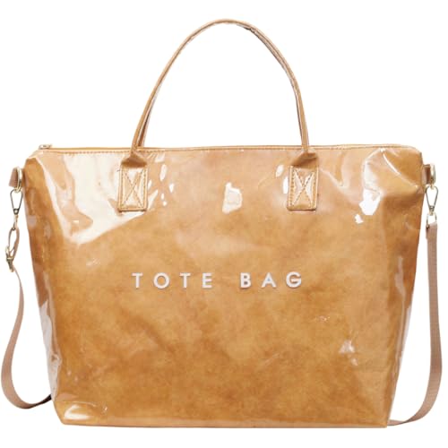Image of PVC Tote Bag Gifts for Women Large Tote Purse Kraft Paper Letter Print Hobo Handbags for Work Beach Shopping Travel