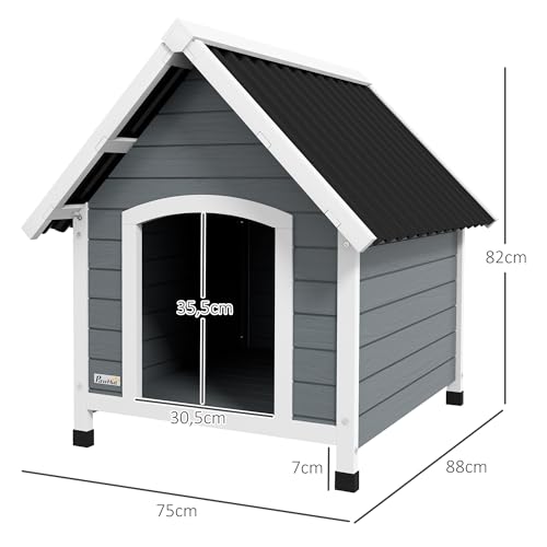 PawHut Hundehütte aus Holz Kleintierhaus mit Asphaltdach Outdoor Hundehöhle korrosionsbeständig Hundehaus mit herausnehmbarem Boden für mittelgroße Hunde 75 x 88 x 82 cm Grau